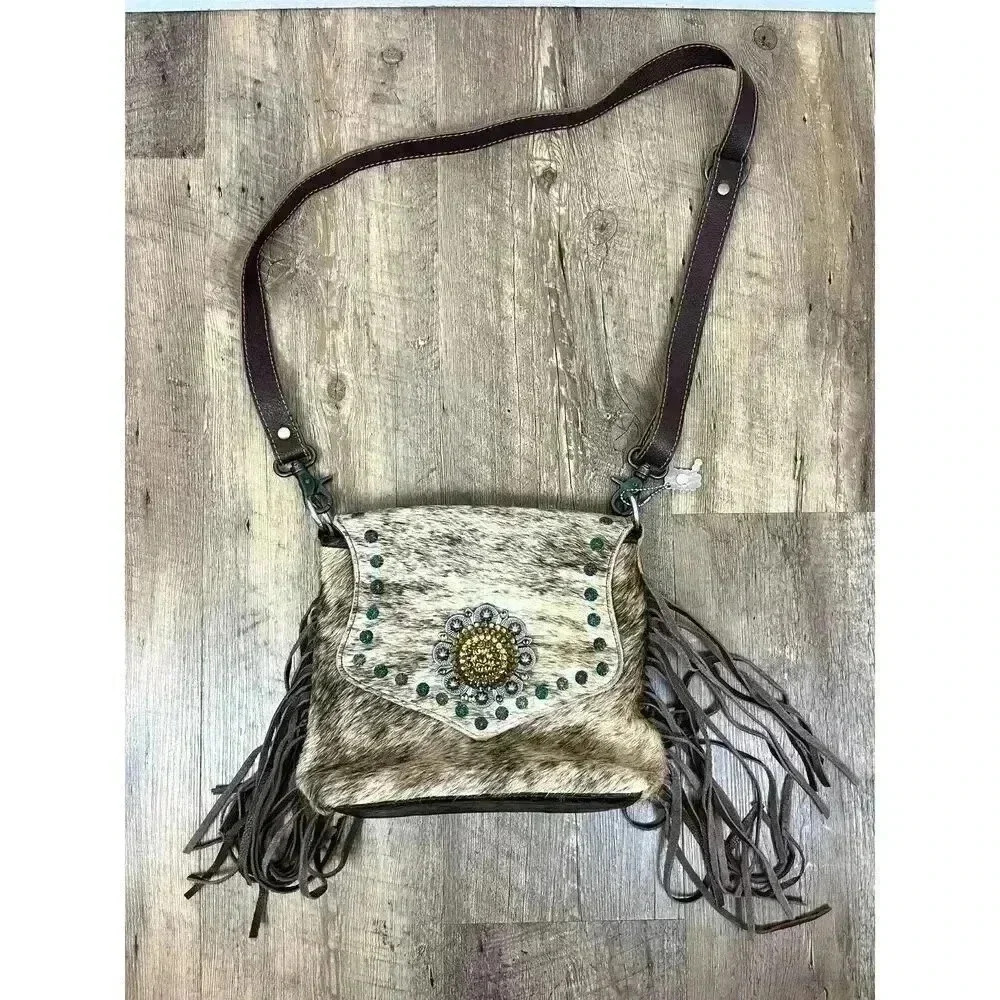 Raviani Calf Hair Crossbody Adjustable Handbag Fringe Western Embellished 10X10